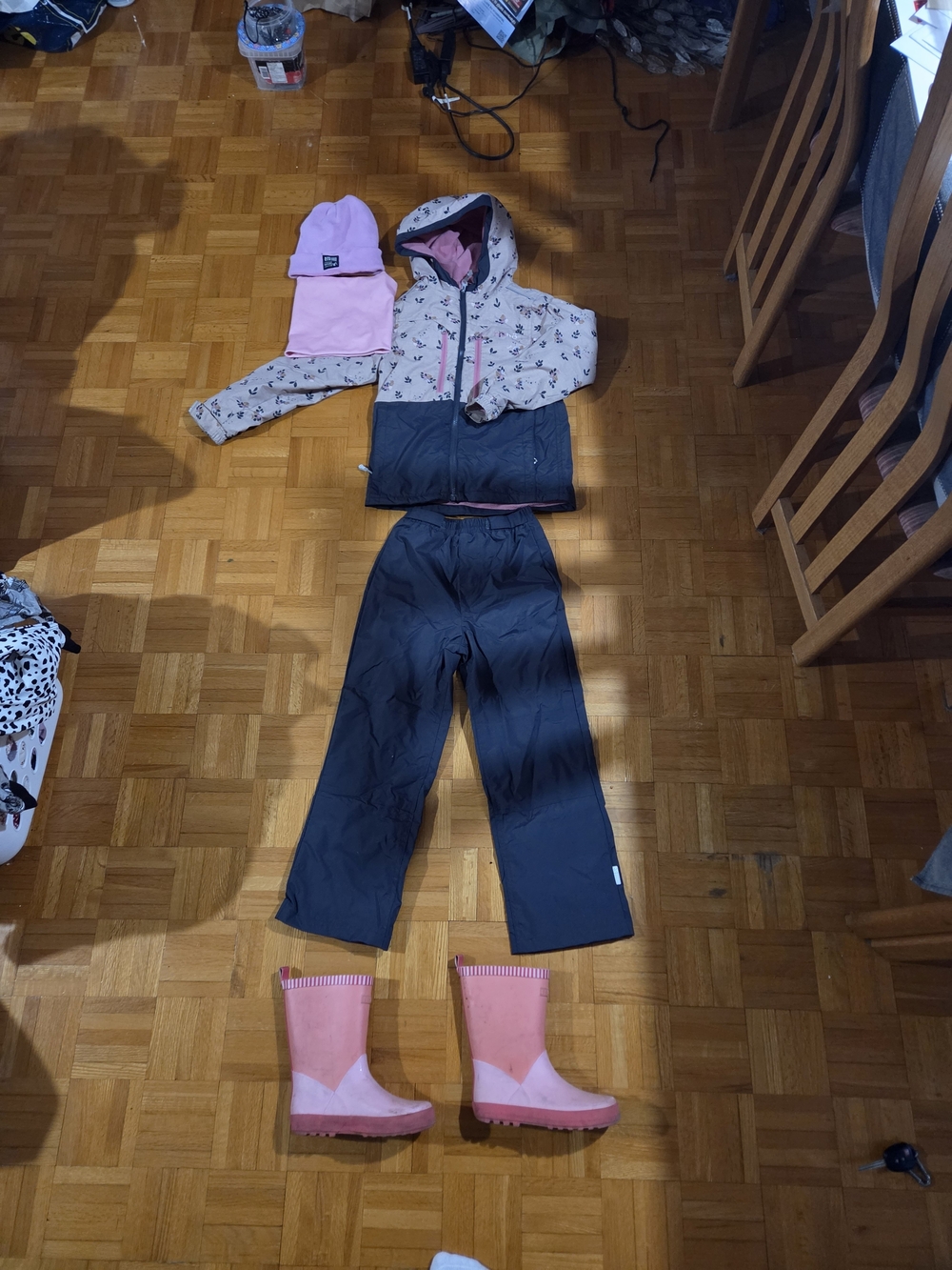 Girls Mid-season Nanö Jacket + Waterproof Pants size 8 + SRSMN Boots Sz 1